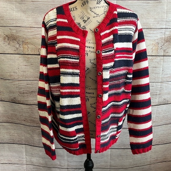 Mark Fore Strike Hand Knit Cardigan Sweater Americana Stripes Cotton Blend XL - Picture 2 of 9